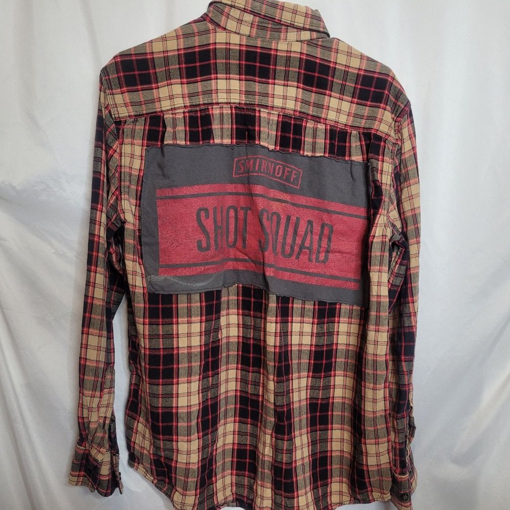 Smirnoff Vodka Upcycle Flannel Shirt Red Tan Plaid Adult Size Medium